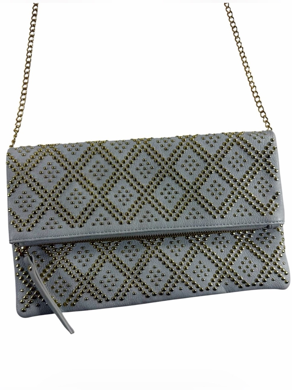 Lulu’s Gray Studded Foldover‎ Clutch Crossbody Bag Gold Chain